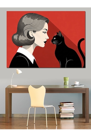 Ahşap Tablo Kara Kedi Ve Kadın Profili