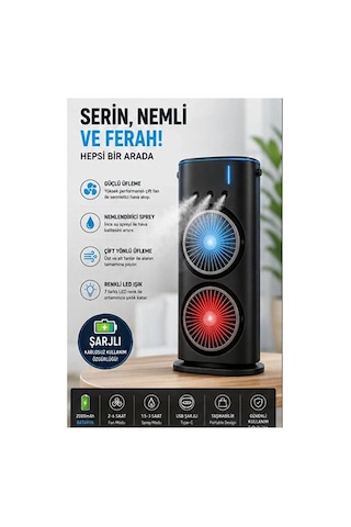 Çift Başlıklı Sprey Fan Nemlendirici Ve Renkli Led Işıklı Siyah Evimdeyokyok