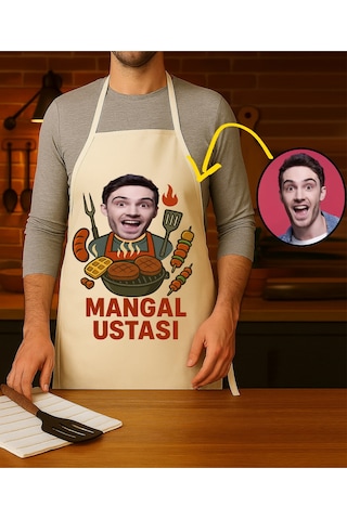 Kişiye Özel Karikatür Fotoğraflı Mutfak Önlüğü Mangal Ustası Krem