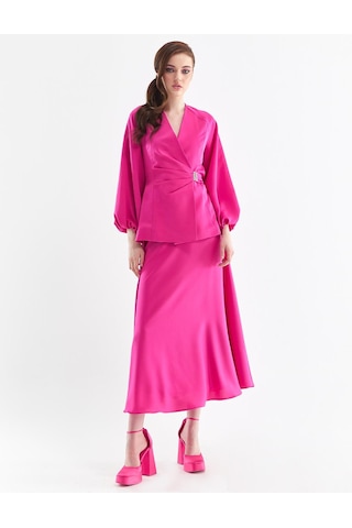 Balon Kol Kruvaze Bluz Etek Takım-fuşya FUŞYA