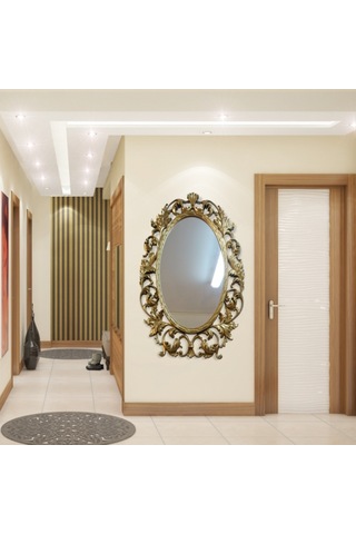 103Cm Sarı Yaldız İşlemeli Oymalı Desenli Rustik Duvar Boy Aynası Sarı