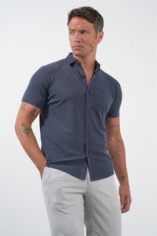 İmza Lacivert İtalyan Yaka Kısa Kol Cepsiz Slim Fit Esnek Gömlek 1004260159