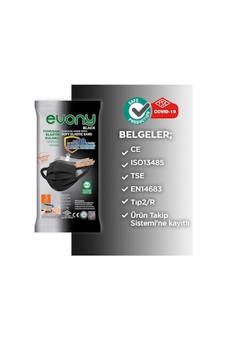 Evony Siyah Yumuşak Elastik Kulaklı Cerrahi Maske 10'Lu