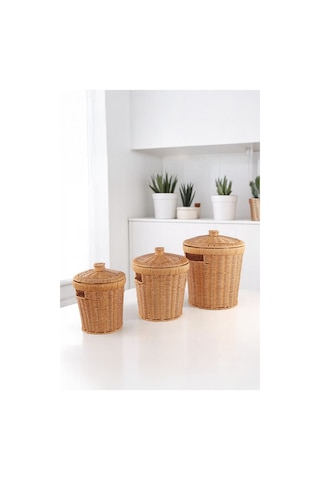 3'lü Hasır Kapaklı Patates Soğan Sepeti Seti Rattan Görünümlü Çok Amaçlı Mutfak Sepeti Kahverebgi