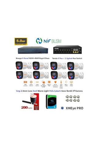 Xmeye 5mp 2.8mm Sabit Lens Polis Çakarlı Sesli Ve Gece Renkli 8 Kameralı Ip Kamera Seti 4tb Disk