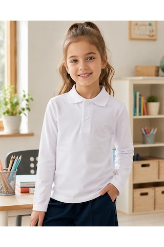 Ta&ce Kıds Tace Kıds Unisex Çocuk Polo Yaka Tişört Beyaz Uzun Kollu Okul Ve Günlük Kullanım
