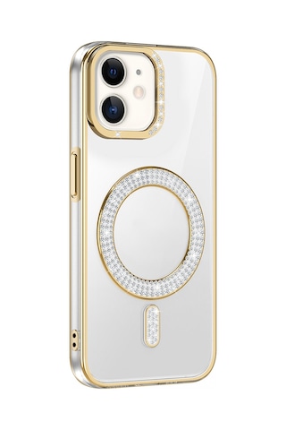 Apple Uyumlu iPhone 12 Kılıf Pırlanta Taş Tasarımlı M-safe Şarj Özellikli Zore Karetta Silikon Kapak Rose Gold