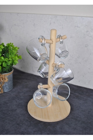 6 Kişilik Ahşap Standlı Mini Kahve Bardağı Seti 75 Ml Paşabahçe Espresso Bardak Şeffaf
