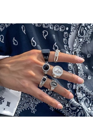 Girift Vintage Yuna 6 Adet Erkek Gothic Punk Gümüş Yüzük Seti Gri