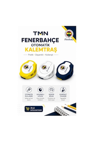 Fenerbahçe Kalemtıraş Lisanslı Orijinal 3 Adet Fb Kanarya Fenerbahçe Kalemtraş 3 Renk Otomatik Kapak