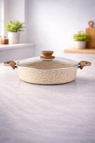 Diez 32 Cm Granit Basık Tencere Cappucıno Yapışmaz Karnıyarık & Pilav Tenceresi Cam Kapaklı