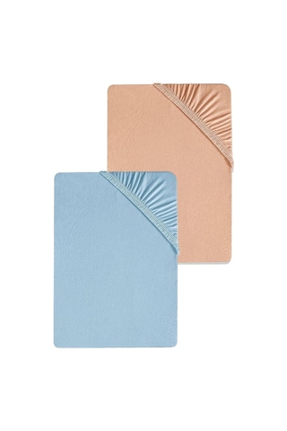 2 Adet Battal Boy Düz Pamuklu Çift Kişilik 200 X 200 Cm Lastikli Penye Çarşaf Yavruağzı-mavi