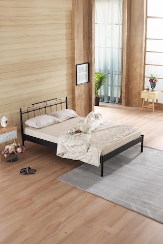 Hatkus-s Çift Kişilik Ferforje Metal Karyola-siyah Ahşap Latalı