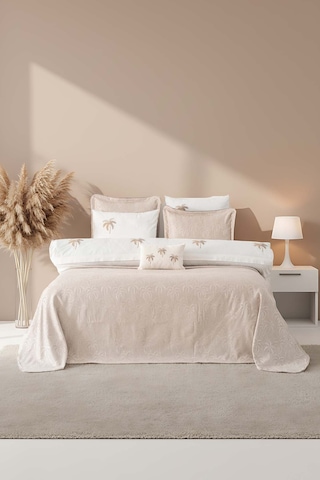 Palmiye Vizon Nakışlı Çift Kişilik Nevresimli Pike Seti - 8 Parça Çeyiz Seti Vizon