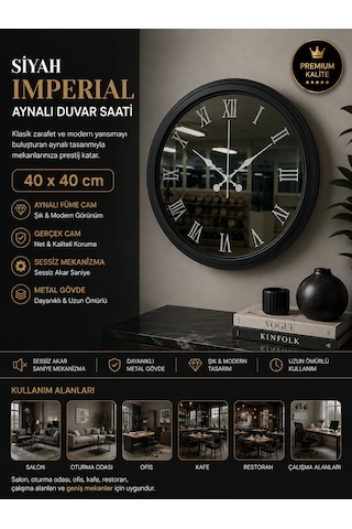 Siyah Imperial Aynalı 40 X 40 Cm Duvar Saati