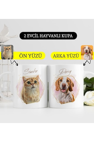 Bk Gift Kişiye Özel İki Evcil Hayvan Karikatürlü Beyaz Kupa Bardak-2, Arkadaşa Hediye, Sevgiliye Hediye Kobitmeyencom33908 Bk Gift
