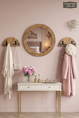 Antik Ahşap Dekoratif 3 Parça Portmanto Aynalı Askılık Set Oda Duvar Antre Hol Koridor Lavabo Makyaj Raflı Askılı Ayna X-6 Atlantik Çam