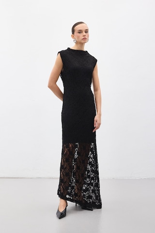 Sateen Dantel Kolsuz Elbise - Siyah-137060 Siyah