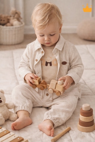 Babyhola Bayramlık Erkek Bebek Üçlü Takım Panda Baskılı Müslin Kumaş Mevsimlik Set 2201 Bej