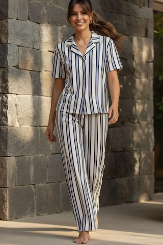 Relax Mode Kadın Mavi Çizgili Gömlek Pijama Takım - 26036r Beyaz