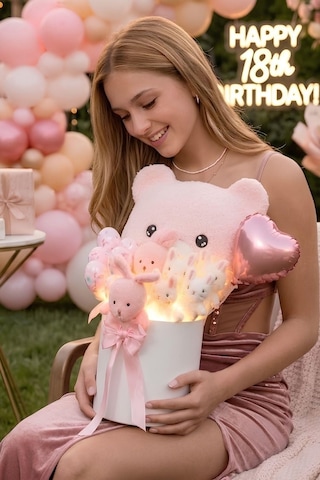 Deluxe Led Işıklı Peluş Ayı Yastıklı Silindir Kutuda Peluş Ayıcık Ve Tavşan Buketi Sevgiliye, Kıza Hediye