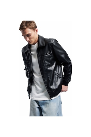 Koton Slim Fit Gömlek Yaka Fermuarlı Cep Detaylı Suni Deri Ceket Siyah 6wam20098hw Siyah