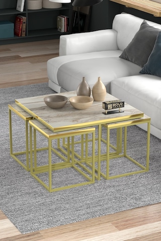5'li Mermer Desenli Orta Ve Zigon Sehpa Takımı - Beyaz Ve Gold Tablalar Beyaz Mermer / Ayaklar Gold
