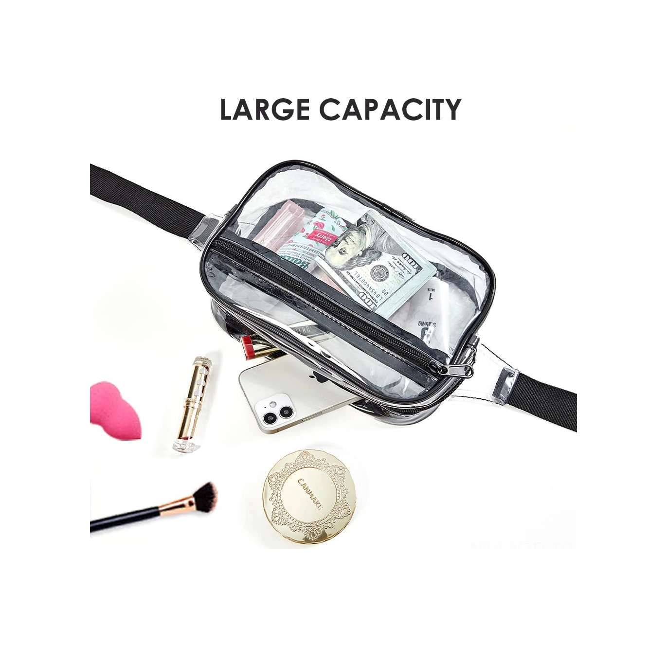 Yuntech01 Siyah Şeffaf Pvc Spor Bel Çantası - Stadyum Onaylı, Su Geçirmez, Ayarlanabilir Kemer, Outdoor Etkinlikler İçin Çabuk Erişimli Depolama Siyah