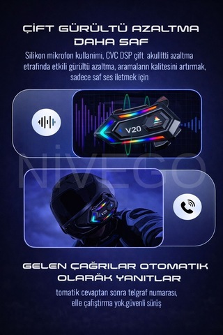 Nivego Motosiklet İntercom Kask Kulaklık Bt5.3 Stereo Rgb Işıklı Bluetooth Su Geçirmez Kulaklık
