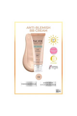Note Cosmetique Anti-Blemish BB Cream SPF 15 Akneye Yatkın Ciltler BB Krem - 02 Light Beige