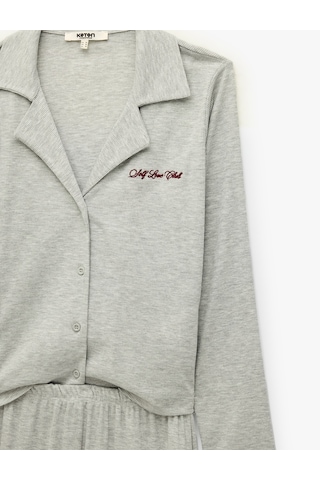 Koton Rahat Kalıp Uzun Kollu Düğmeli Gömlek Yaka Kaşkorse Pijama Takımı Gri Melanj 7wlk40203mk