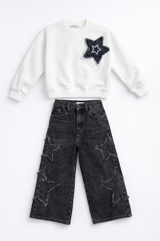 Uğur Bebe Bayramlık Kız Çocuk Yıldız Aplikeli Sweatshirt & Antrasit Geniş Paça Yıldız Kot Takım Trend Ekru Antrasit Ekru Antrasit