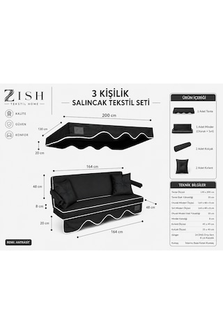 Altaleno 3 Kişilik 164 48 Cm Süngerli Bahçe Balkon Salıncak Minderi Yıkanabilir Kılıflı, Tenteli Keten Kumaş Tekstil Seti 24 Dns 8 Cm Orta Sert Sünger Antrasit