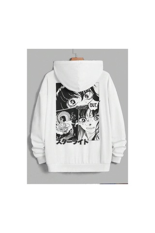 Tarzsokak Unisex Kadın/erkek Beyaz Anime Out Baskılı Oversize Kapüşonlu Sweatshirt