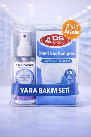 Steril Gazspanç 7,5 7,5 Cm 100 Adet + Cleansmart 50 Ml Dezenfektan Sprey Yara Bakım Seti