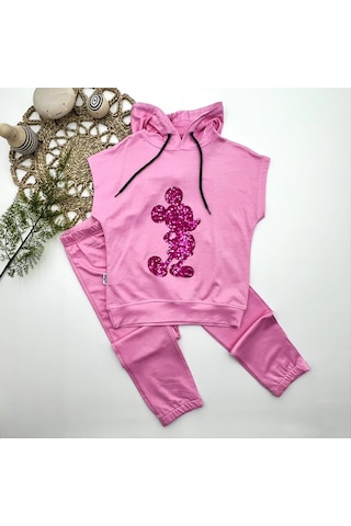 Pekminibebe 3-4-5 Yaş Kapşonlu Payetli Mickey Desenli Kısa Kol 2li Kız Erkek Çocuk Takımı Pembe