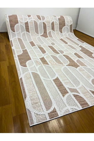 Kaymaz Taban Krem Bej Modern Geometrik Yıkanabilir Koridor Salon Mutfak Yolluk Halı Krem