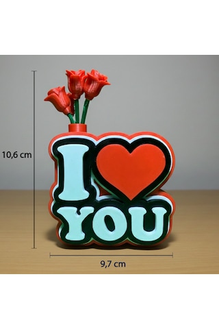 I Love You Yazılı Güllü Dekoratif Figür - Sevgililer Günü Özel Hediyelik 3d Pla Masaüstü Obje 10,6x9,7 Cm