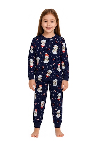 Zuzunga Unisex Yılbaşı Kardan Adam Desenli Çocuk Pijama Takımı Lacivert