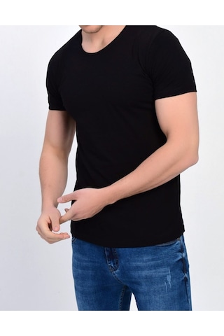 Nacar Store Erkek Siyah Bisiklet Yaka Likralı Basic T-shirt