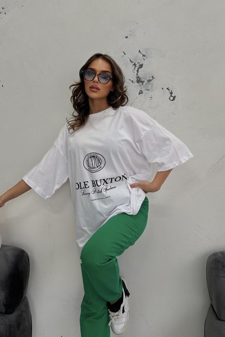 WeShaya Kadın Beyaz Yeşil Baskılı Lycra Oversize İkili Takım Beyaz