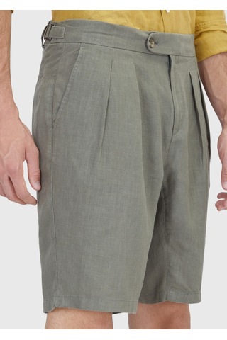 Ramsey Haki Düz Dokuma Carrot Fit Casual %100 Keten Bermuda