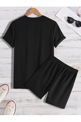 Unisex Oversize Kanat Baskılı Beyaz Bisiklet Yaka Siyah T-shirt Siyah Şort Siyah