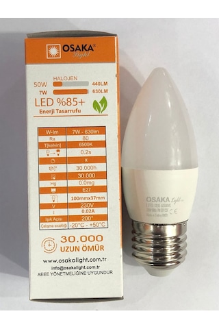 10 Adet Osaka 7w 50w 630 Lümen E27 Led Buji 6500 Kelvin Beyaz