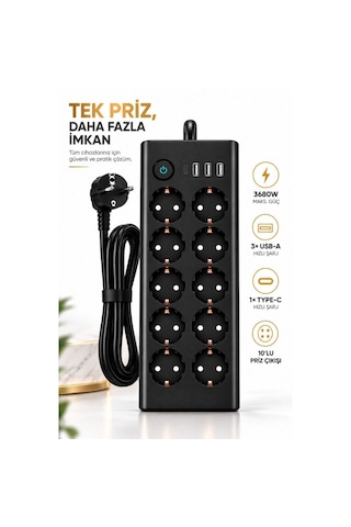 10 Lu Akım Korumalı Priz 3680w 3 Usb-a + 1 Type-c Hızlı Şarj 2 Metre Kablo 0 - 2 M