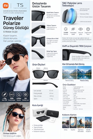 Xiaomi Ts Traveler Polarize Güneş Gözlüğü Uv400 Tr90 Tac Lens Siyah Çerçeve Unisex Uva Ve Uvb Koruma Str004-0120