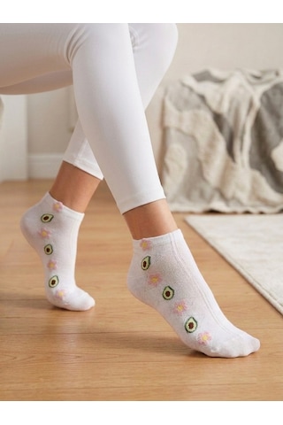 Heren Socks Heren Minimal Ve Kabartma Desenli 4'lü Ekru Pamuk Kadın Patik Çorap Meyve Çiçek Figürlü