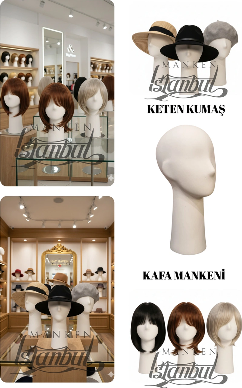Polyester Kafa Mankeni Beyaz Şapka Peruk Aksesuar Sergileme Mağaza Vitrin Mankeni