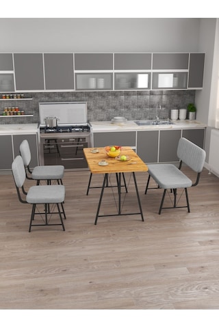 Hayat 70x110 Atlantik Mutfak Masası, Mutfak Masası Takımı, Yemek Masası, 2 Sandalye 1 Bench - Açık Gri Açık Gri