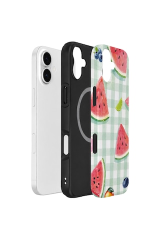 Apple iPhone Uyumlu 17 Vorian Çift Katmanlı Magsafe Kılıf Watermelon Picnic Gingham